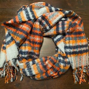 Oversized Plaid Scarf in Orange, Navy Blue, and Light Blue